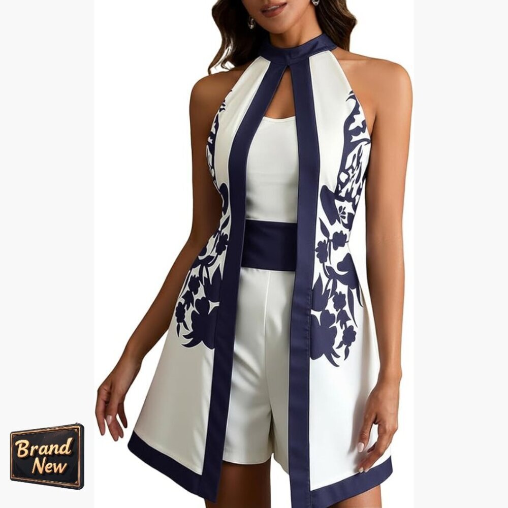 Sleeveless Halter Jumpsuit Split Front Graphic Print Evening Party Wear